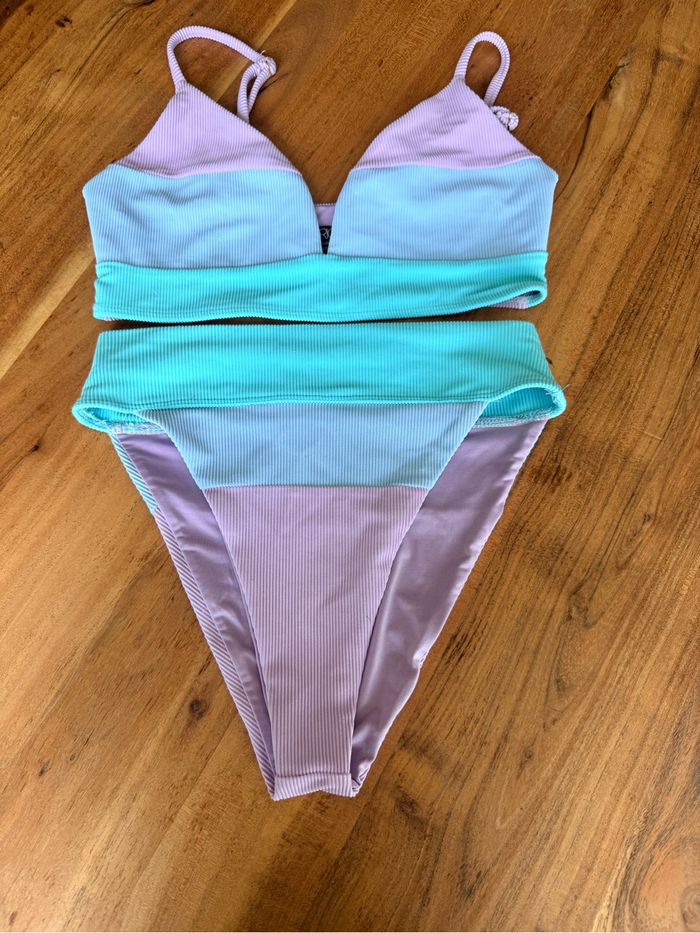 Beach Riot x Revolve Two-Piece Ribbed Colorblock Bikini in Lavender and Aqua